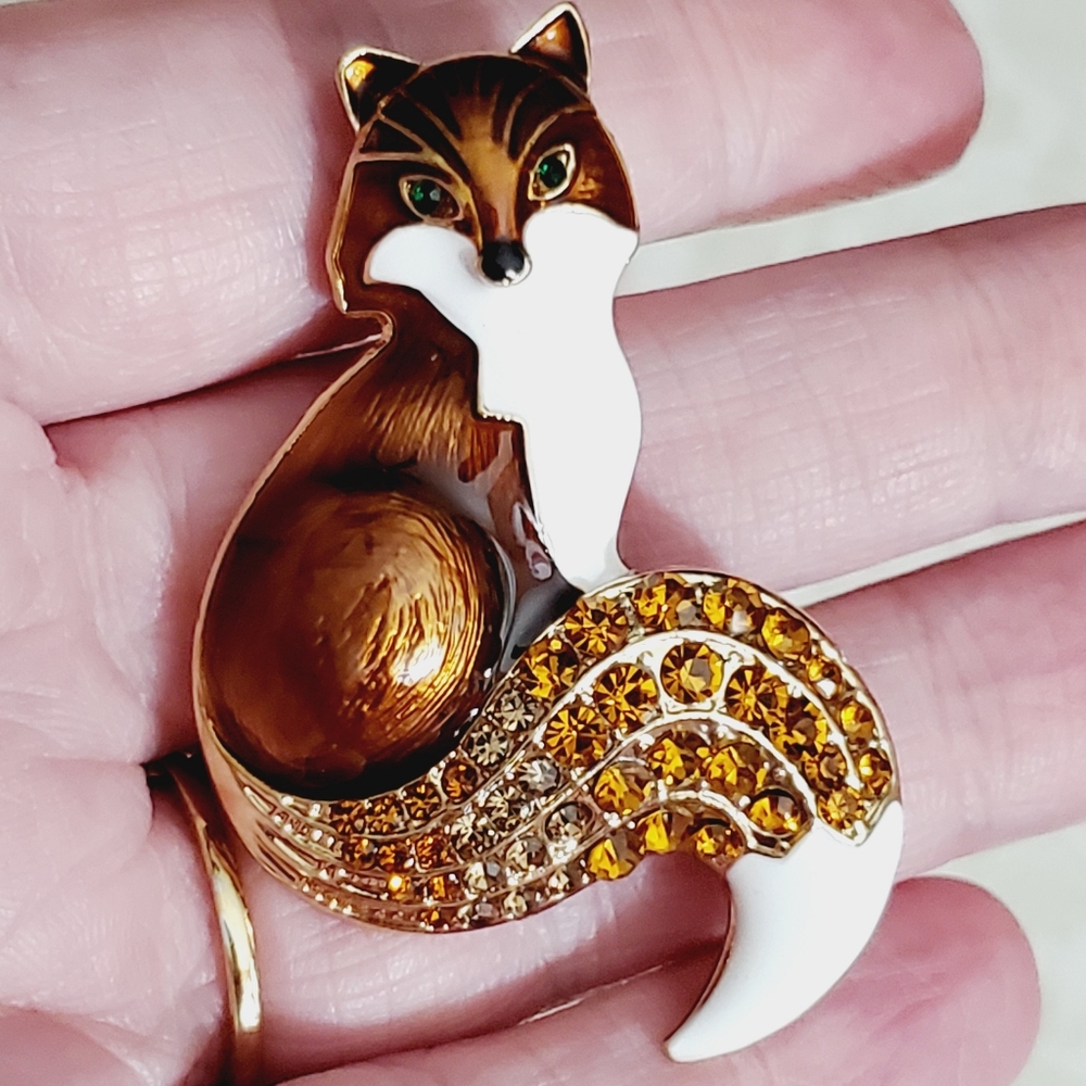 Fox brooch enamel crystal brown fall autumn animal woodland necklace pendant